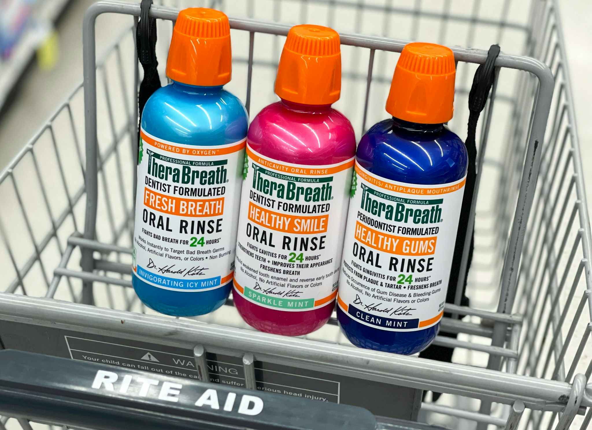 three bottles of therabreath in rite aid cart