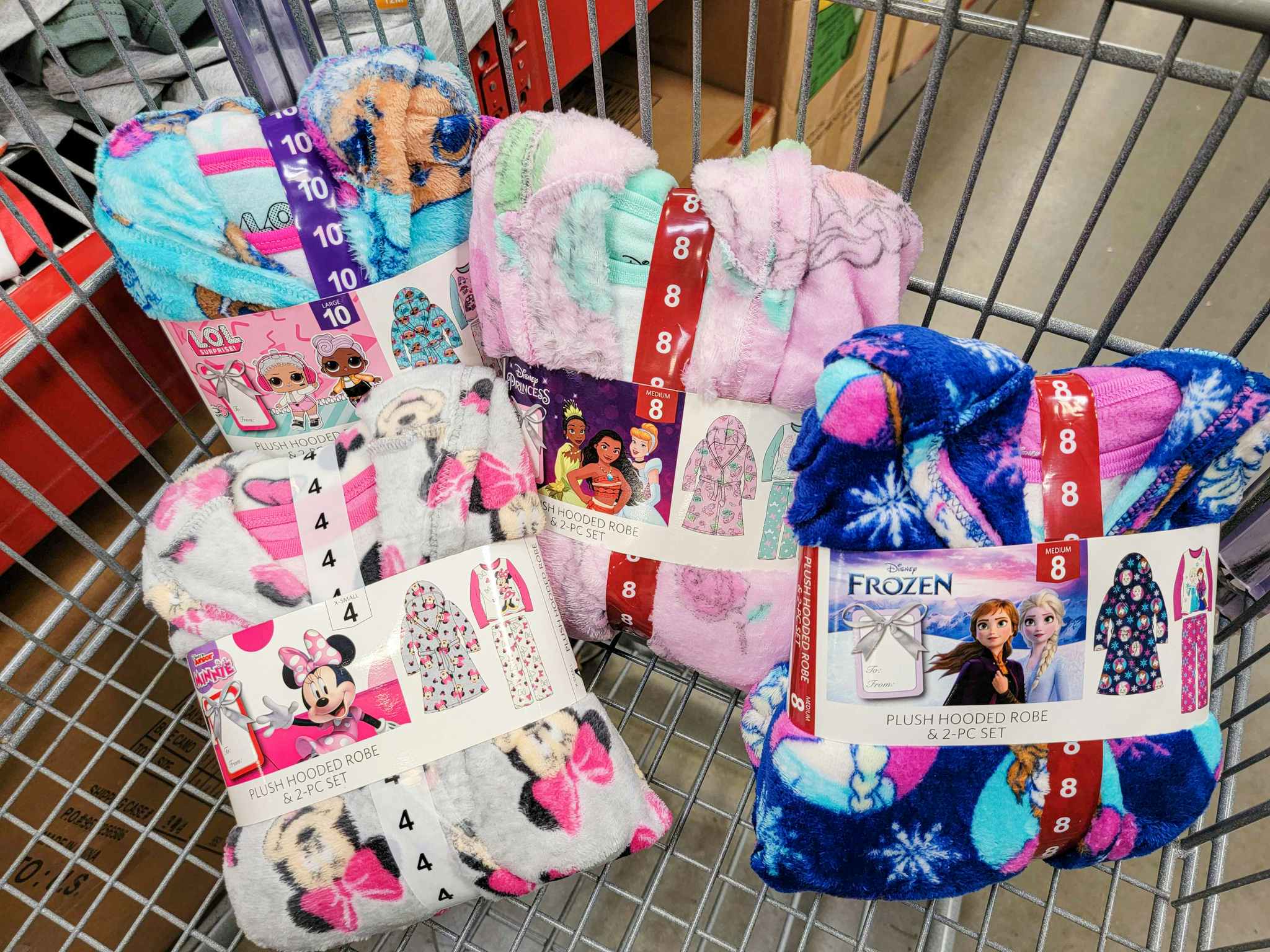 4 kids robe & pajama sets in a cart