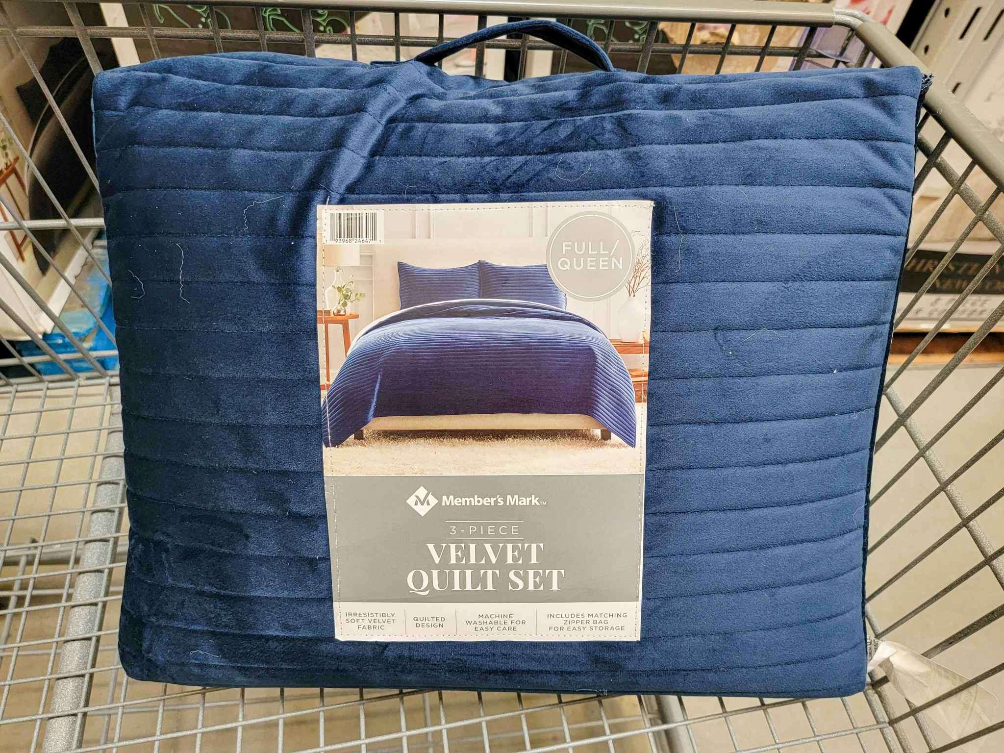 blue velvet quilt set in a cart