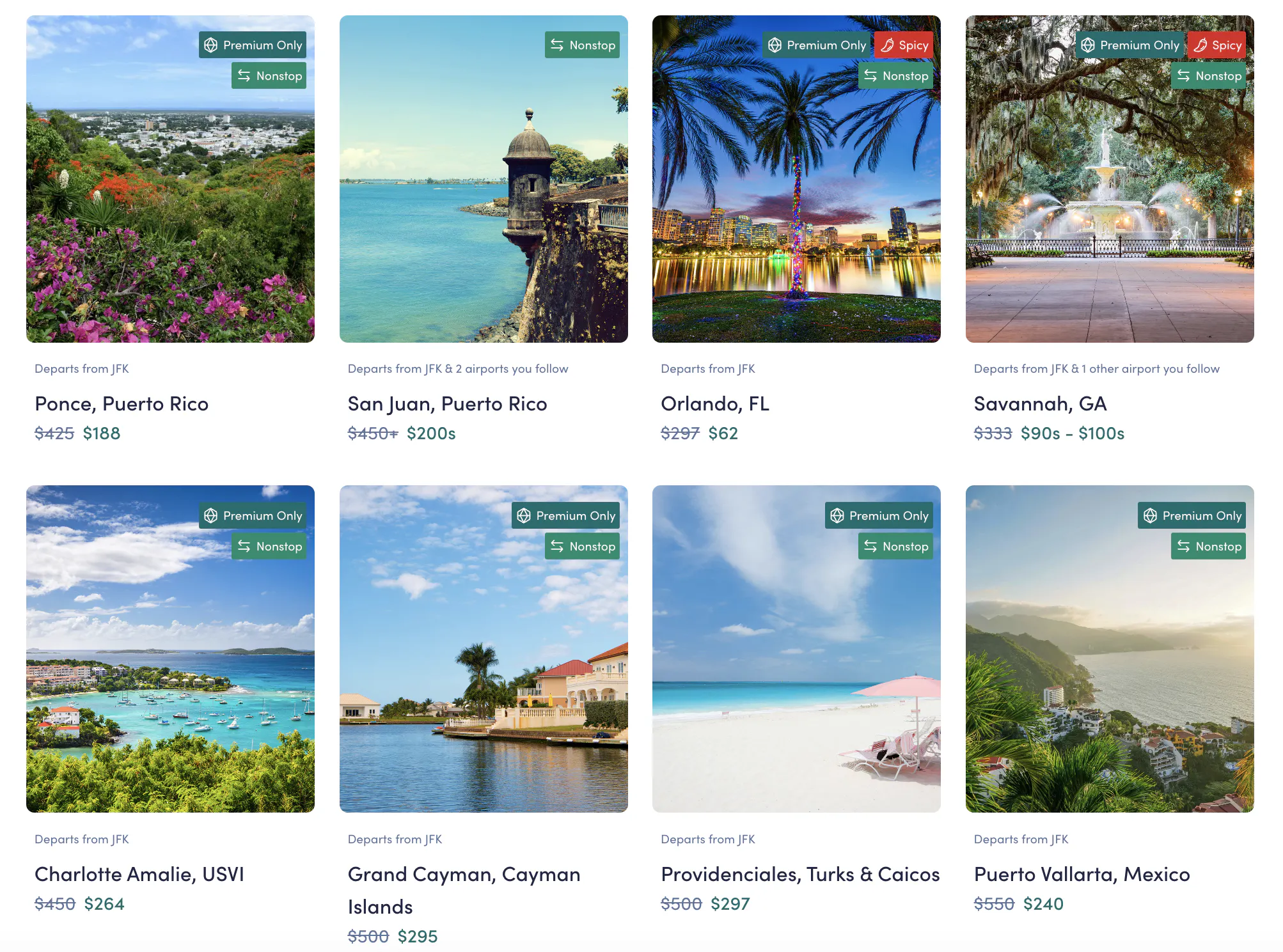 a view of eight domestic and international flight deals from Scott's Cheap Flights