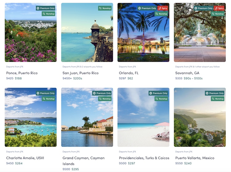 a view of eight domestic and international flight deals from Scott's Cheap Flights
