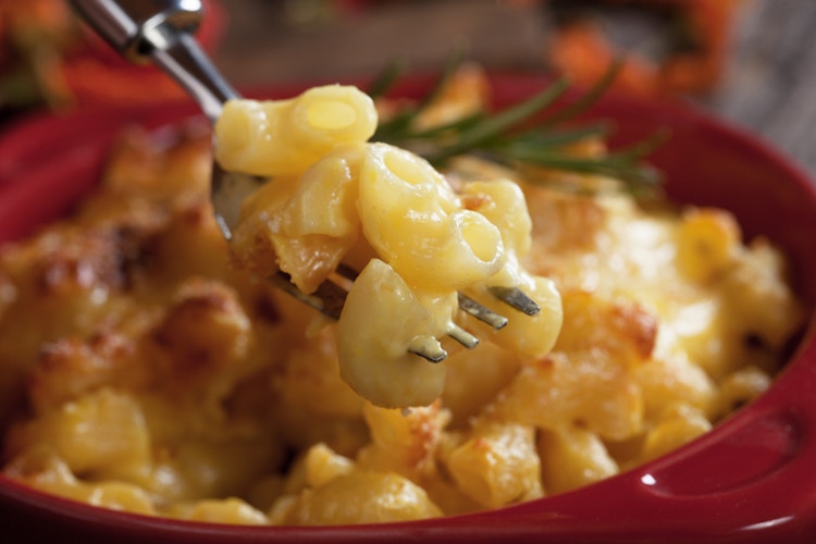 A fork filled with mac and cheese in a bowl 