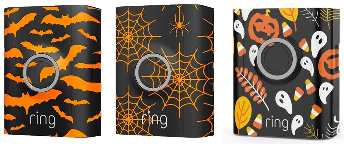 Three Ring doorbells with spooky faceplates on a white background