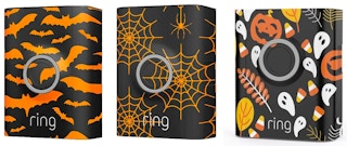 Three Ring doorbells with spooky faceplates on a white background