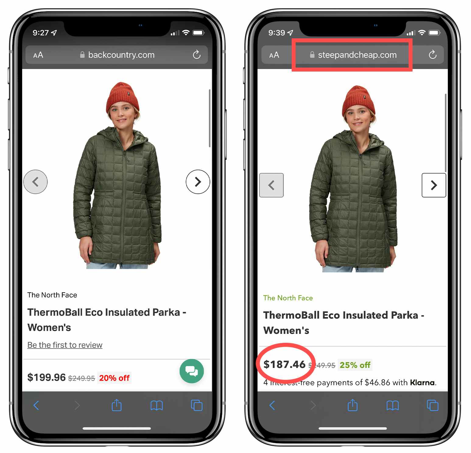 A graphic of two phones, each showing the same product, but one is $199 on Backcountry.com and the other is $187 on the Steep & Cheap website.