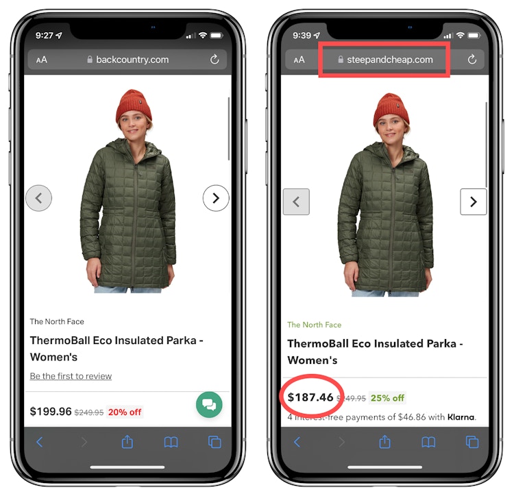 A graphic of two phones, each showing the same product, but one is $199 on Backcountry.com and the other is $187 on the Steep & Cheap website.