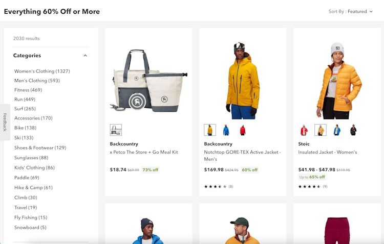 the steep and cheap bargain bins section with items at 60% off or more