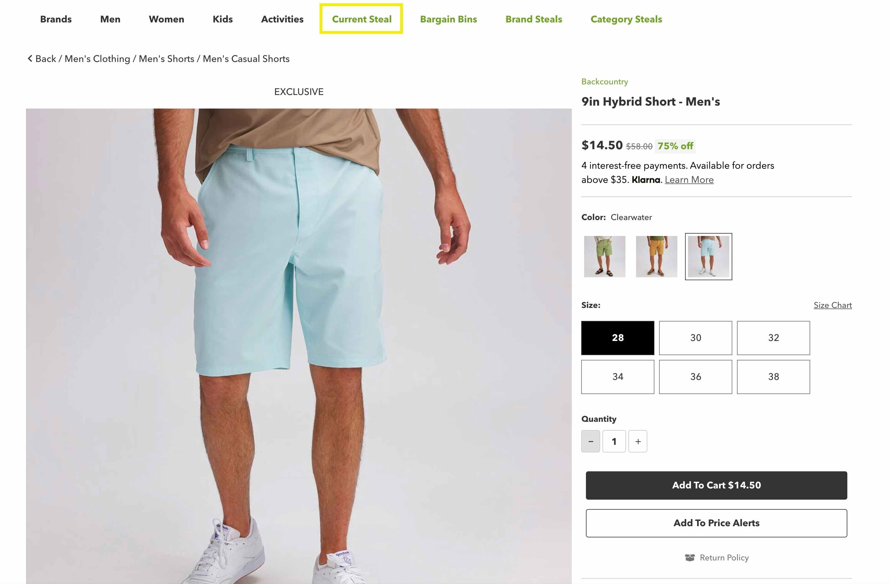 Steep and Cheap's current steal featuring 9-inch hybrid men's Backcountry shorts for 75% off