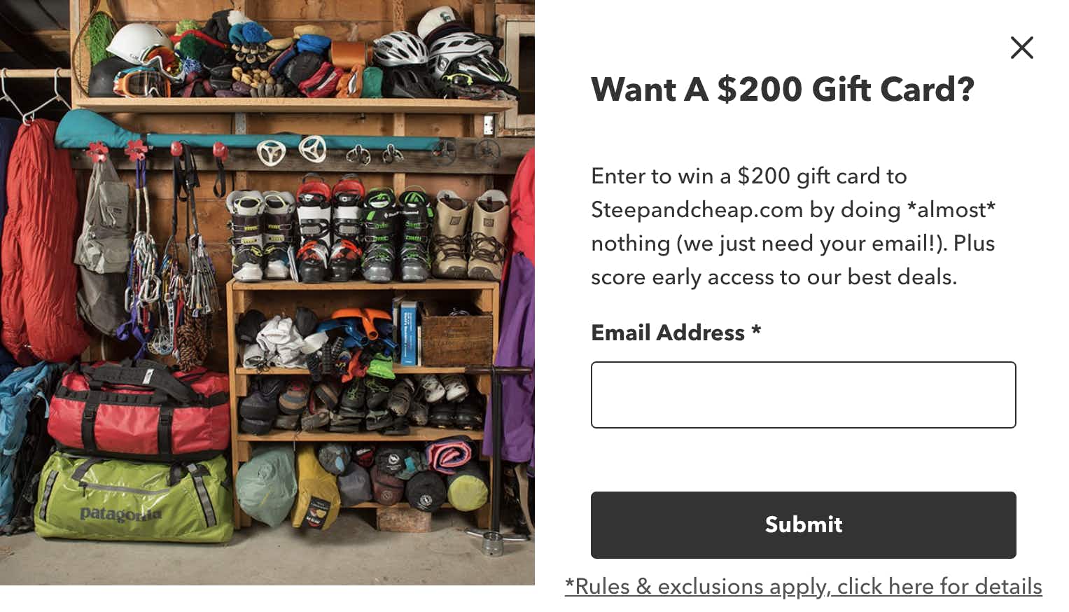 a pop up on steepandcheap.com offering email subscribers the chance to win a $200 gift card