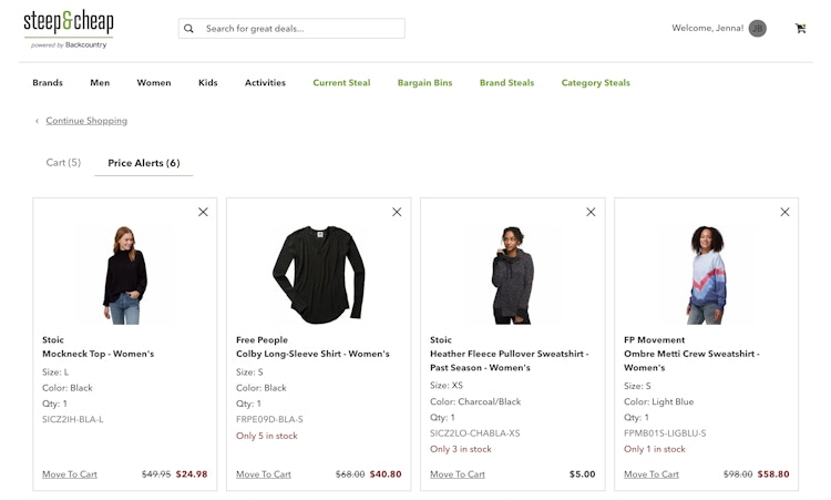 four steep and cheap items saved to price alerts in the Account section