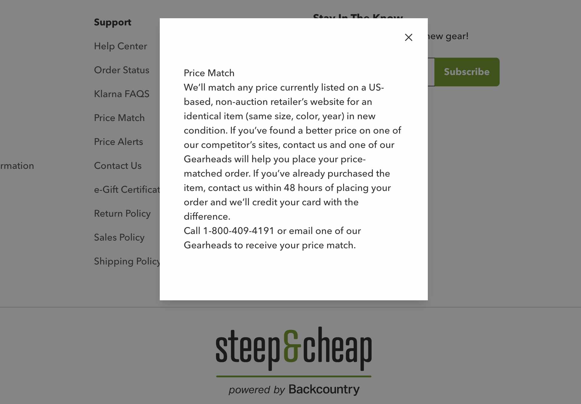 a pop up of the steep and cheap price match policy on their website