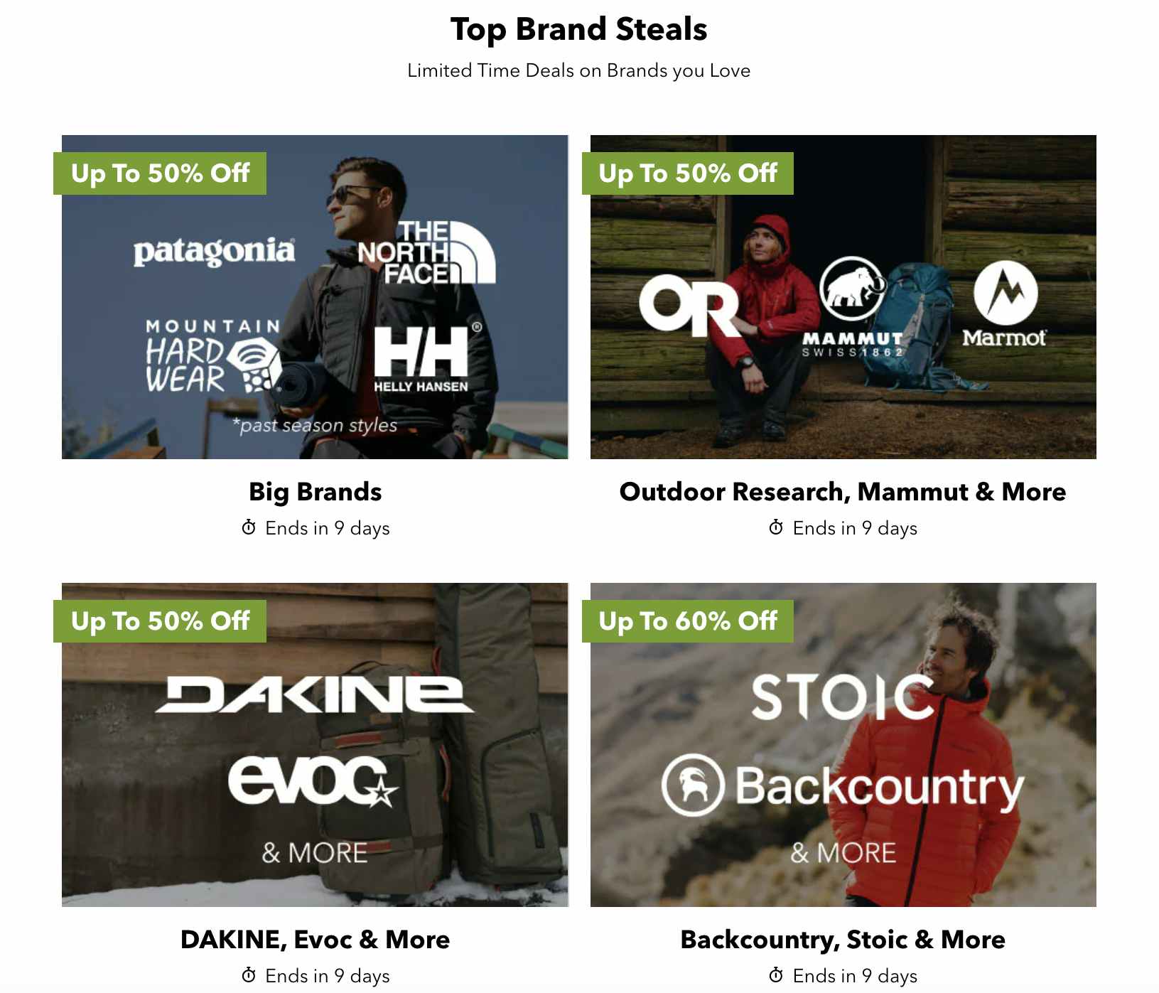 the top brand steals section on steepandcheap.com showing up to 50% off patagonia, the north face, and more