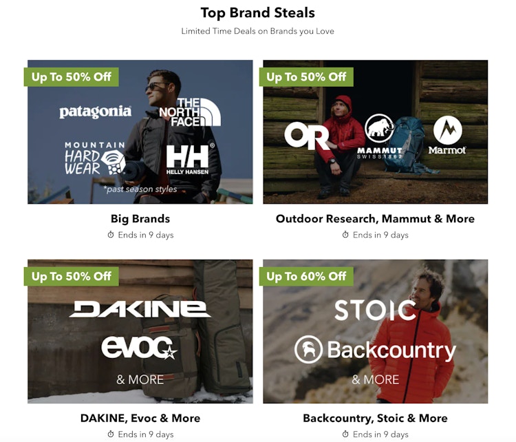 the top brand steals section on steepandcheap.com showing up to 50% off patagonia, the north face, and more