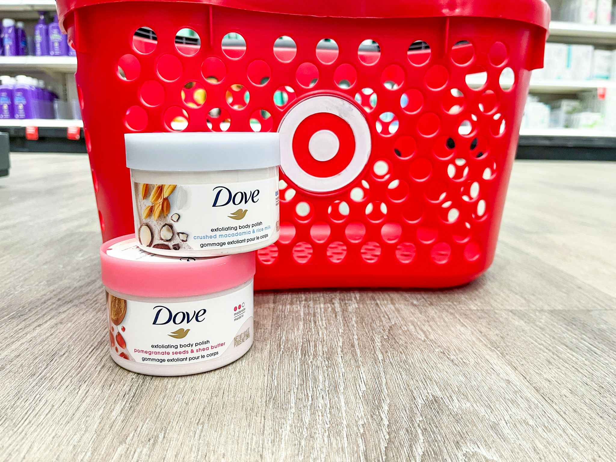 dove body polish in front of target hand cart on floor