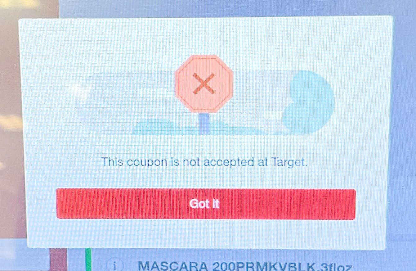 target self-checkout screen indicating manufacturer's coupon is not accepted