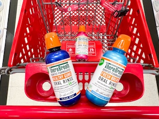 Three different varieties of Therabreath in a shopping cart at Target