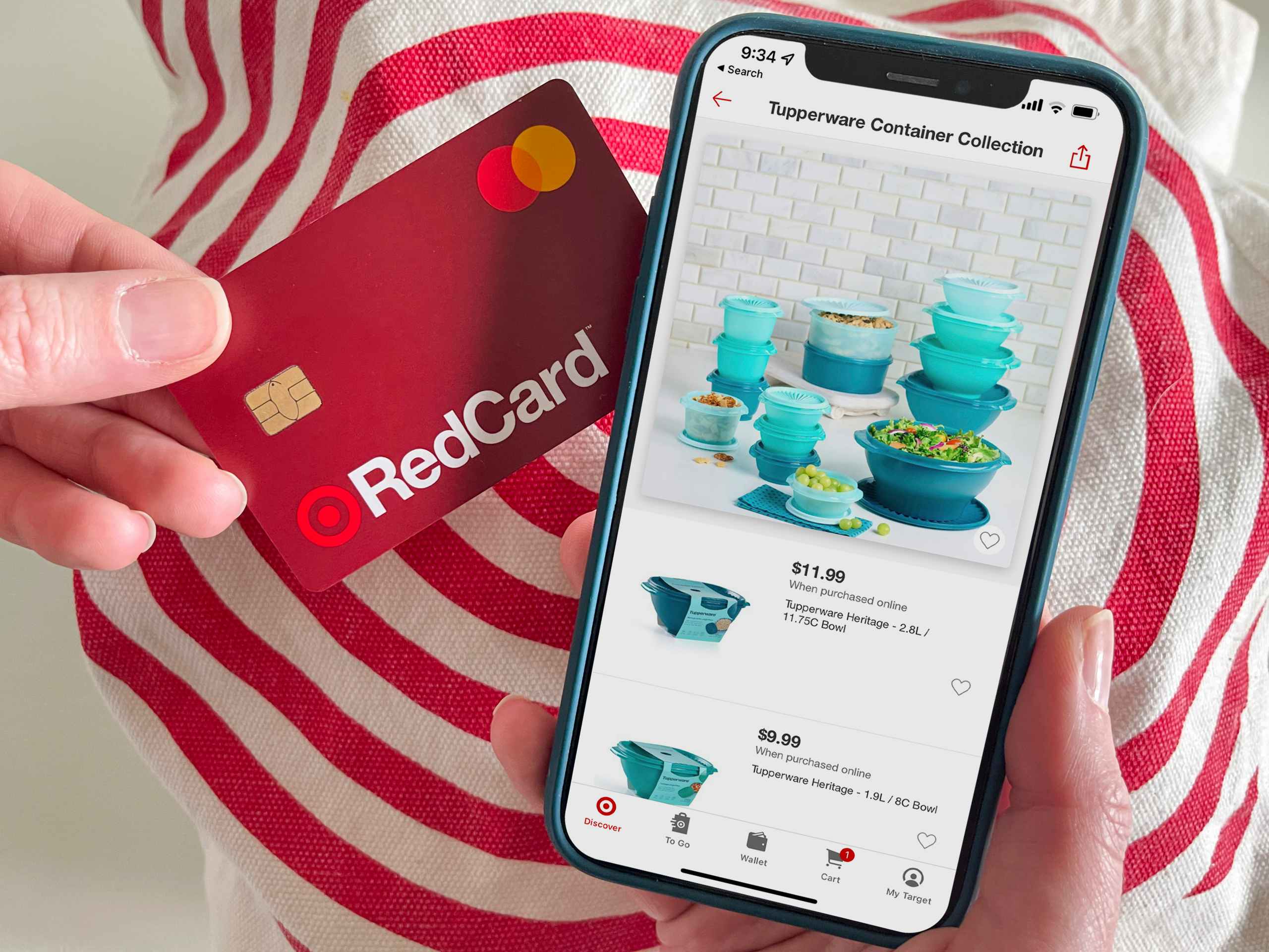 A target red card held next to a cell phone showing Tupperware on the Target app.