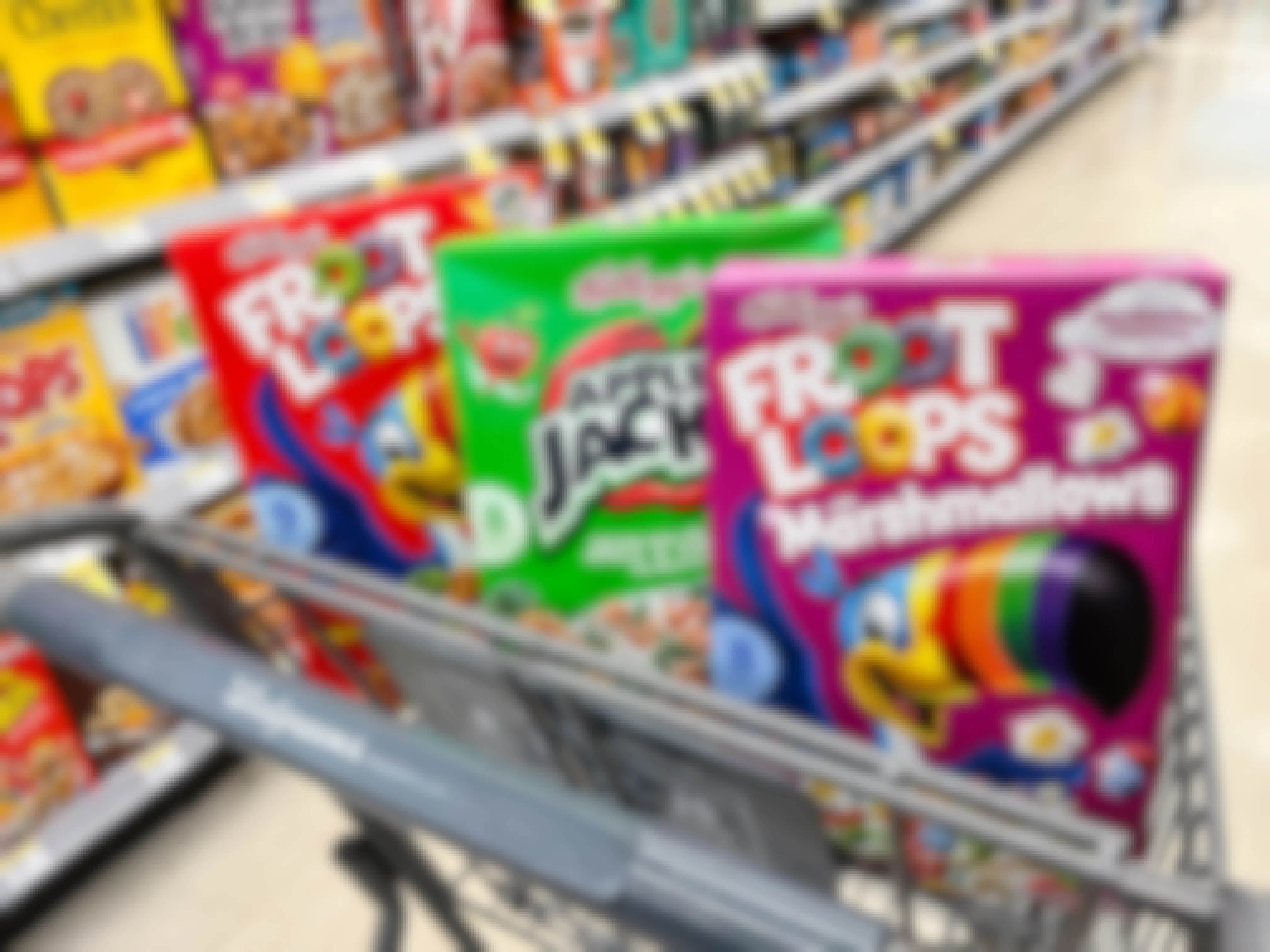shopping cart with a box of Froot Loops, Apple Jacks, and Froot Loops with Marshmallows inside