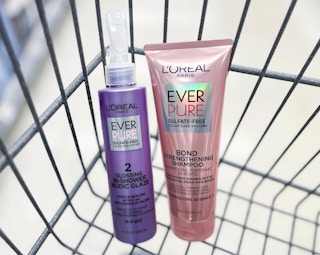 shopping cart with L'oreal Ever Pure glossing in-shower acidic glaze and bond strengthening shampoo inside