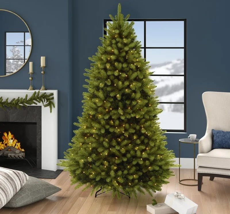 way day christmas decor - A Downswept Douglas Artificial Christmas Tree staged in a living room