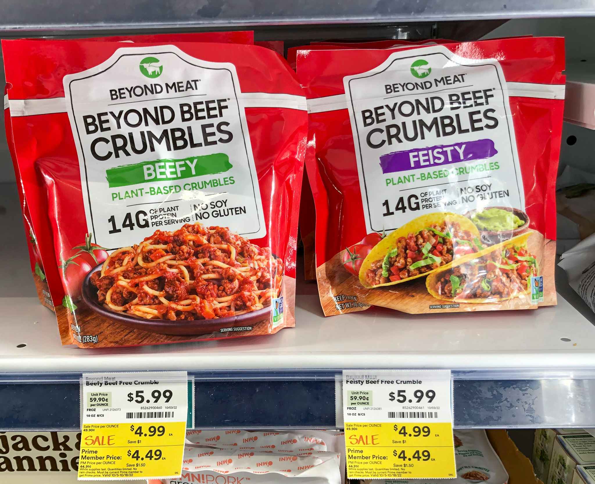 beyond beef crumbles on a shelf