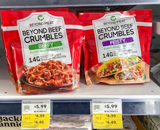 beyond beef crumbles on a shelf