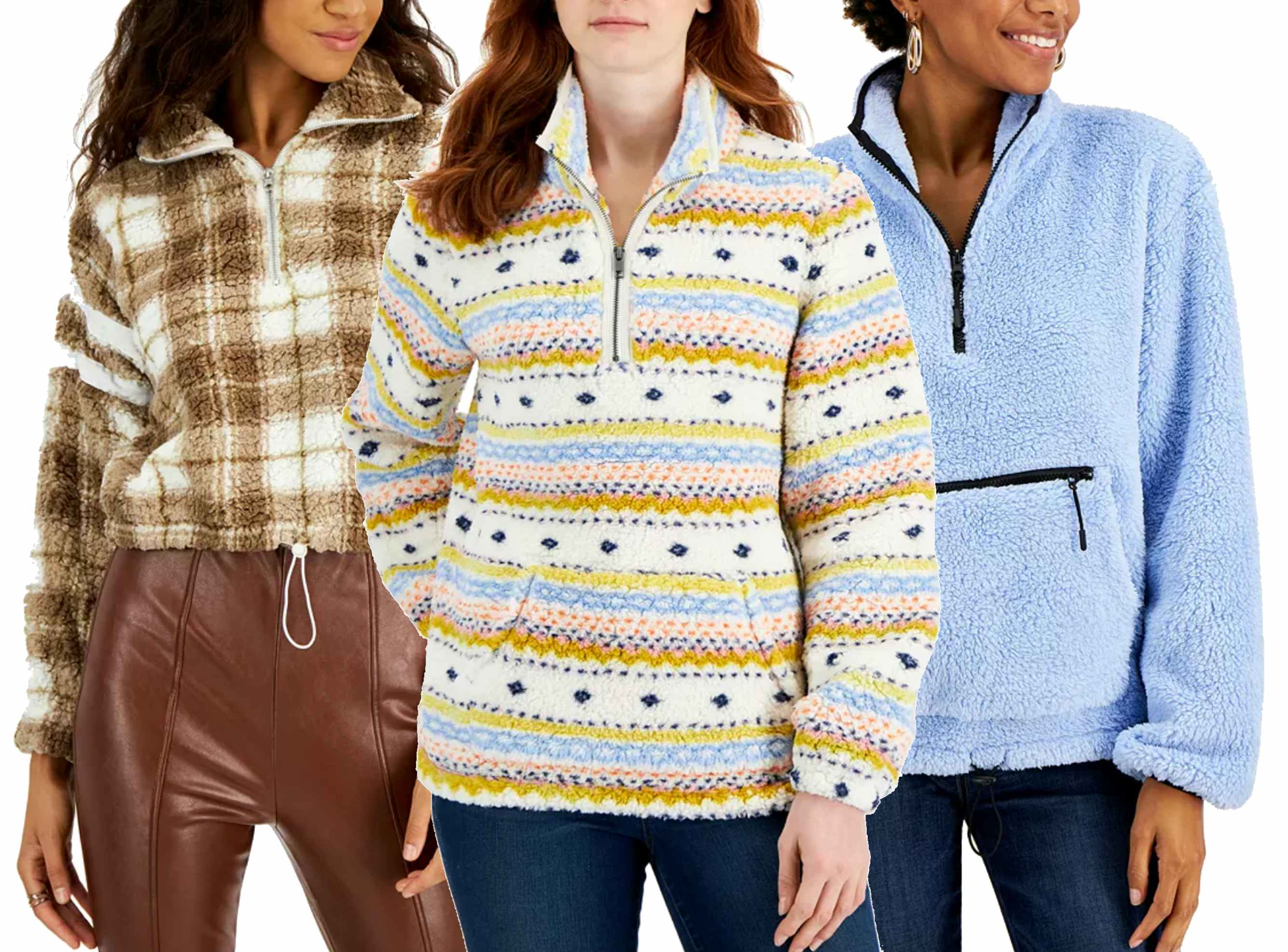 collage of women wearing sherpa pullovers