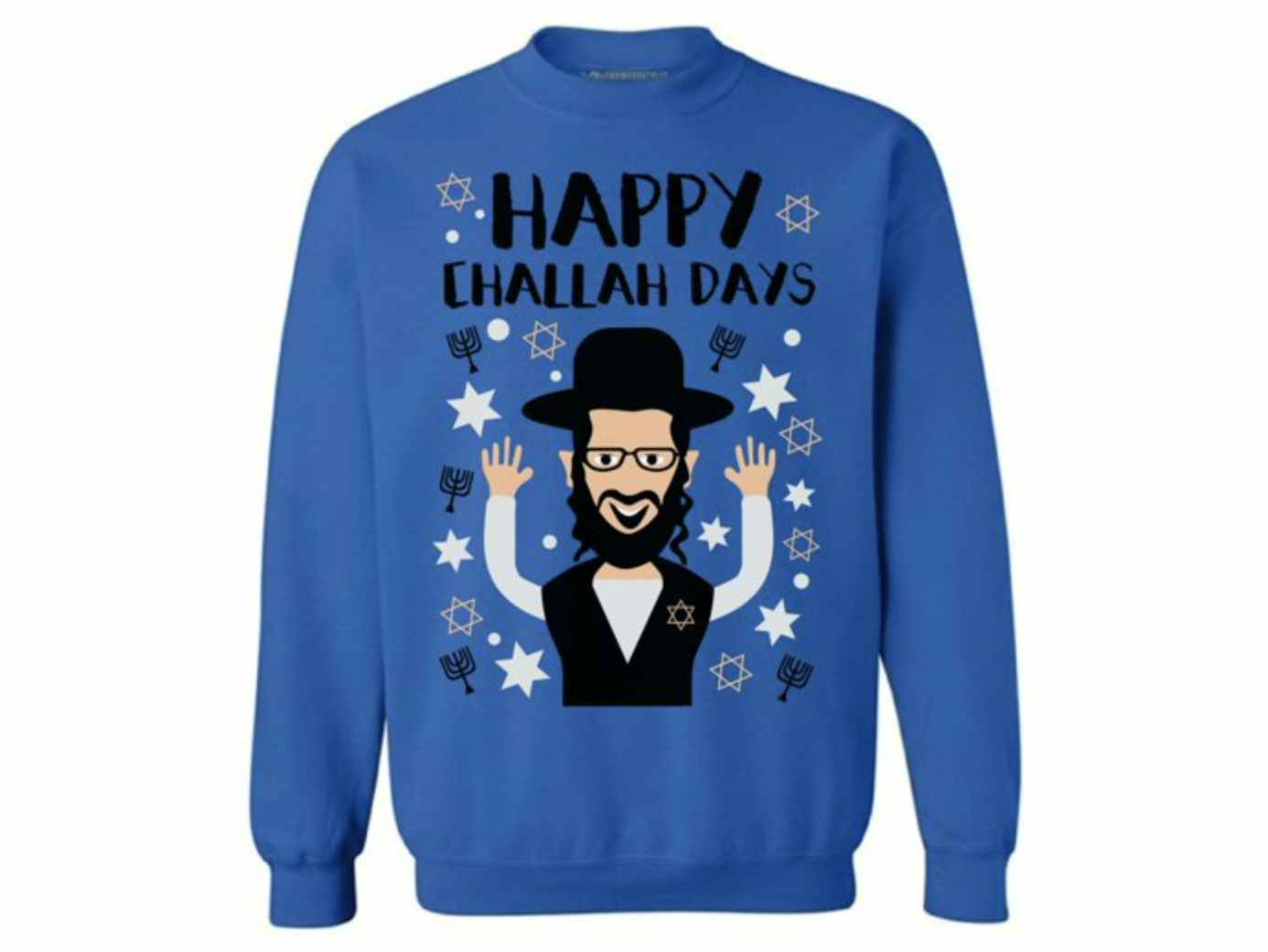 Hanukkah Sweater that reads, "Happy Challah Days