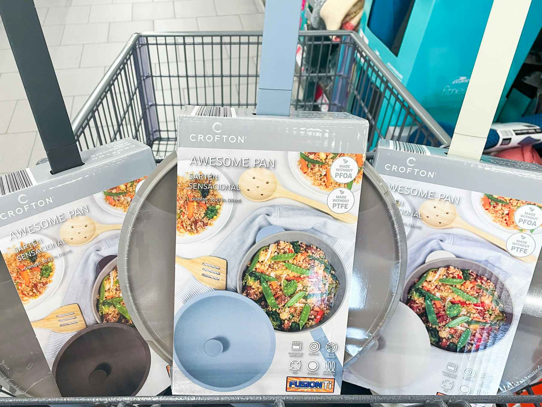 Three Crofton Awesome Pans in a cart at Aldi