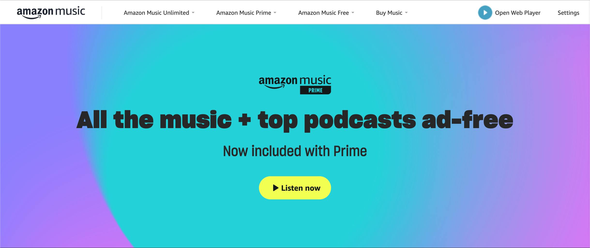 Screenshot of the Amazon Music banner letting Prime members know access to 100 million songs is free