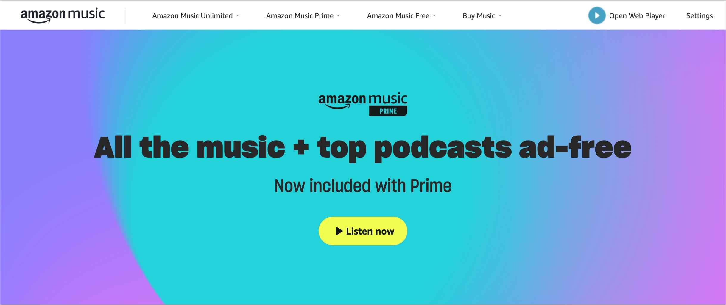 Screenshot of the Amazon Music banner letting Prime members know access to 100 million songs is free