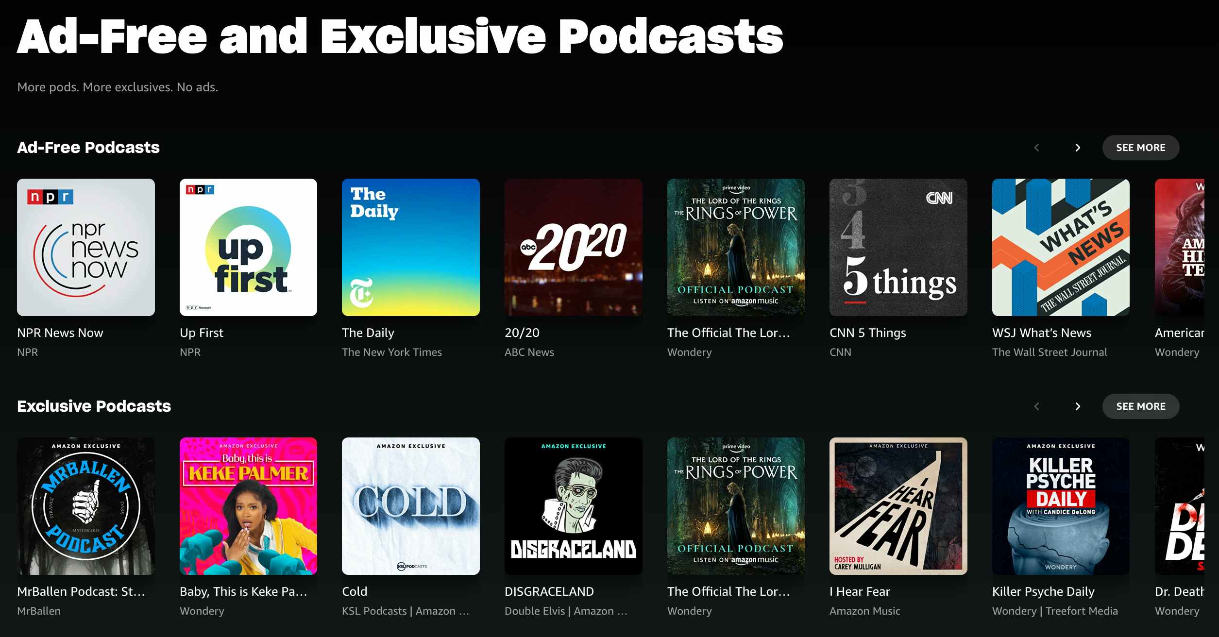 Screenshot of Amazon Music free listing of ad-free podcasts