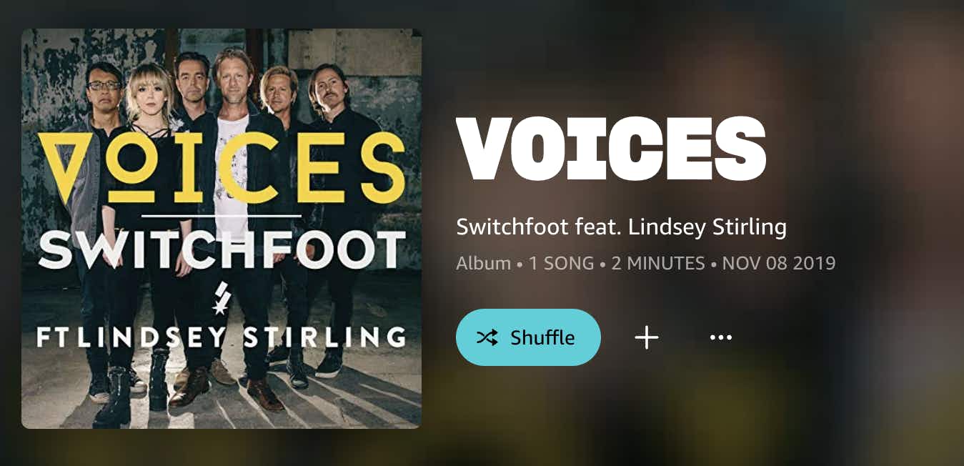 Screenshot of a single released by switchfoot; in order to listen to your songs right away on Amazon Music free with Prime, finding singles like this one will make it easy to listen to the song you want.