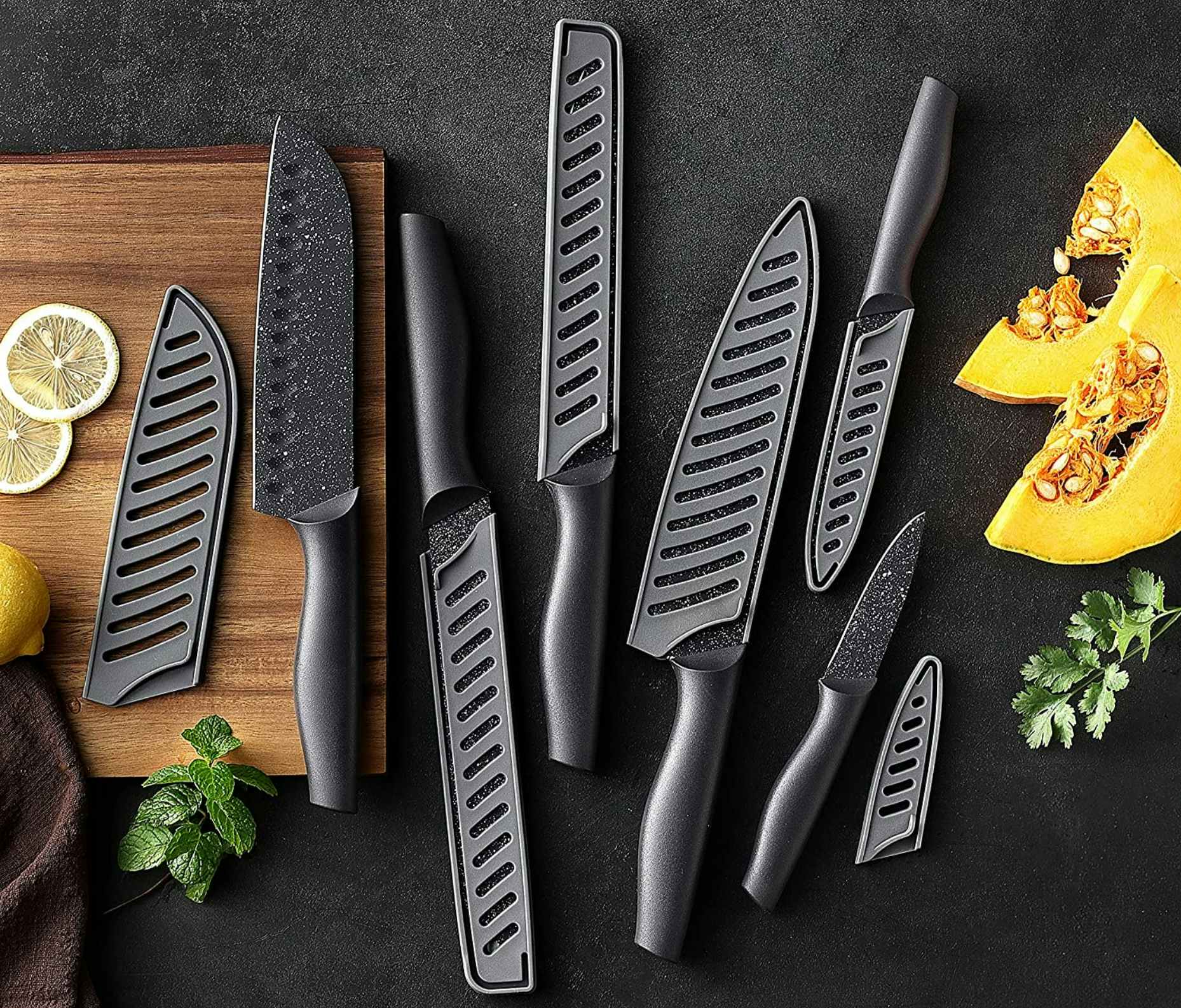 black knife set with blade covers