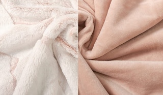 a close up of a reversible blanket showing the faux fur and velvet sides