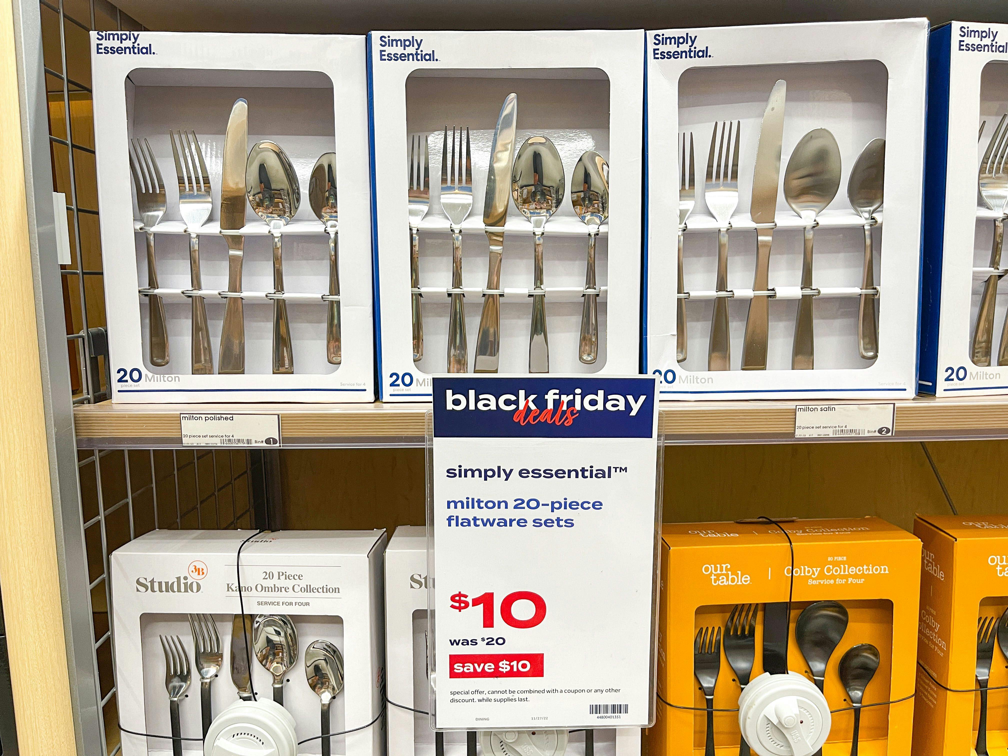 Black friday sign in front of flateware sets at Bed Bath & Beyond