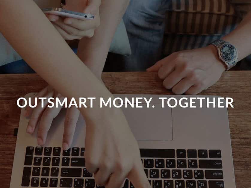 best free budget app - Outsmart money. Together" in white text, with a background of couple pointing at a computer screen
