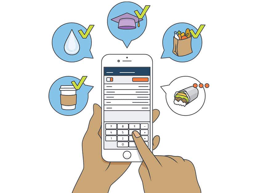 Illustration of a person holding a phone with the YNAB app open. Above it are 5 dialog boxes with checkmarks over the items