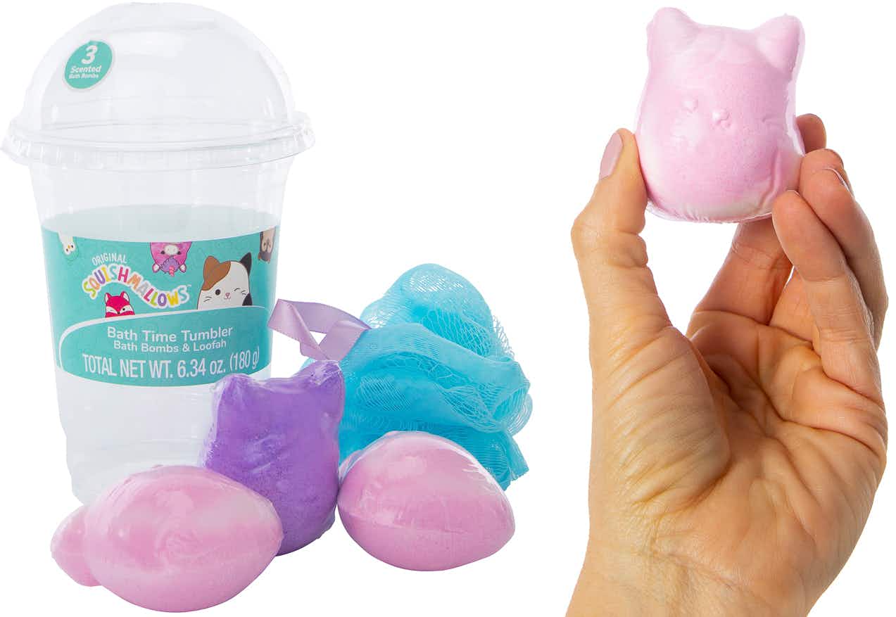 five below gifts sets - A Squishmallows Bath Tumbler and a person's hand holding a Squishmallow bath bomb