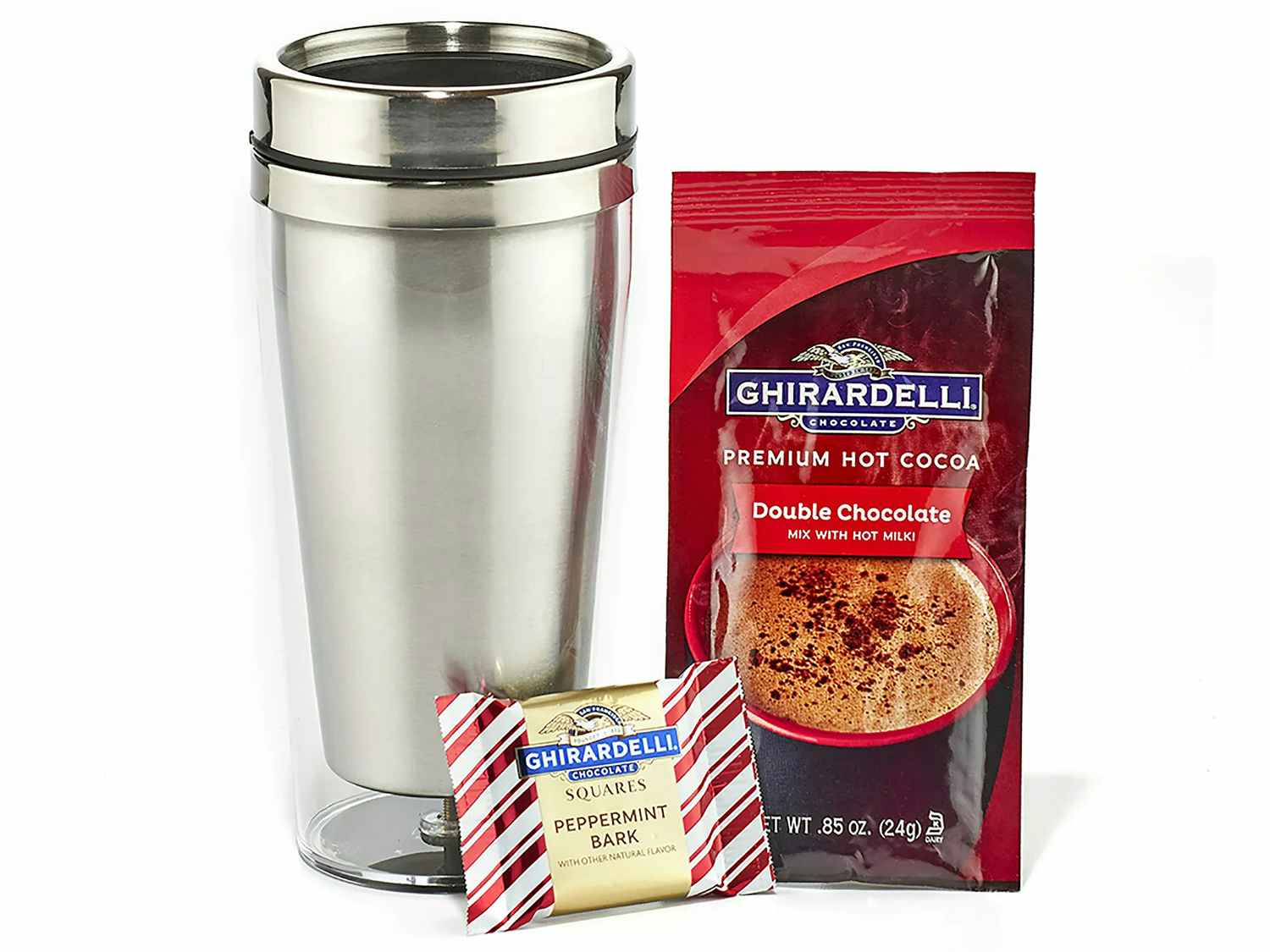 cheap gift baskets - ghirardelli stainles steel travel mug cocoa holiday gift set