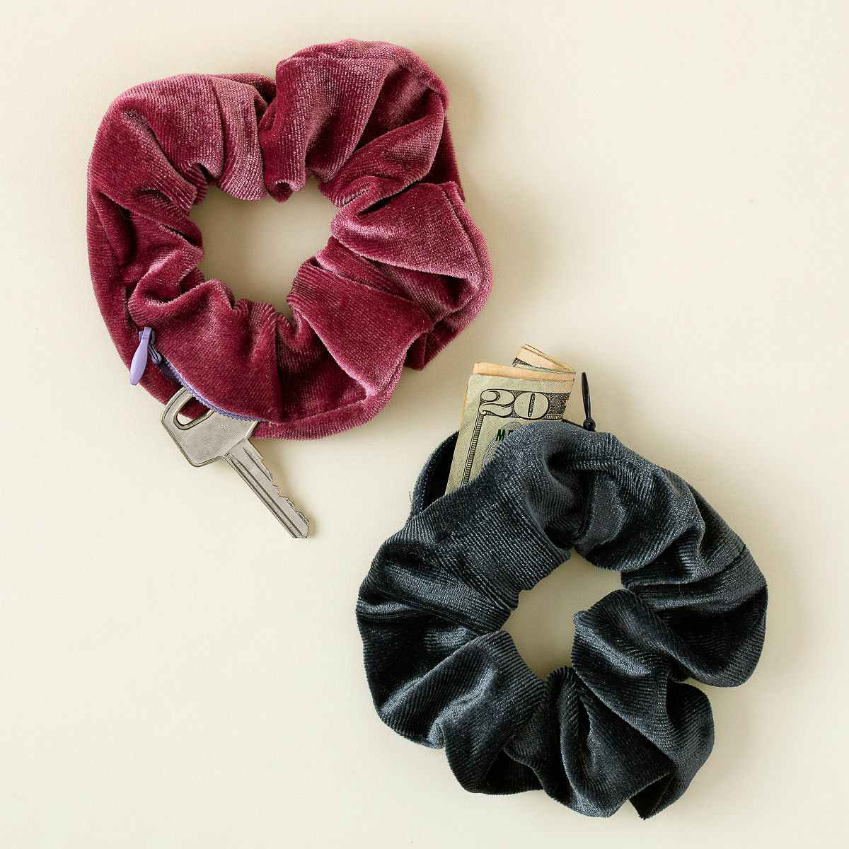gifts for teens - Two scrunchies with pockets, hidden items peeking out from the pocket