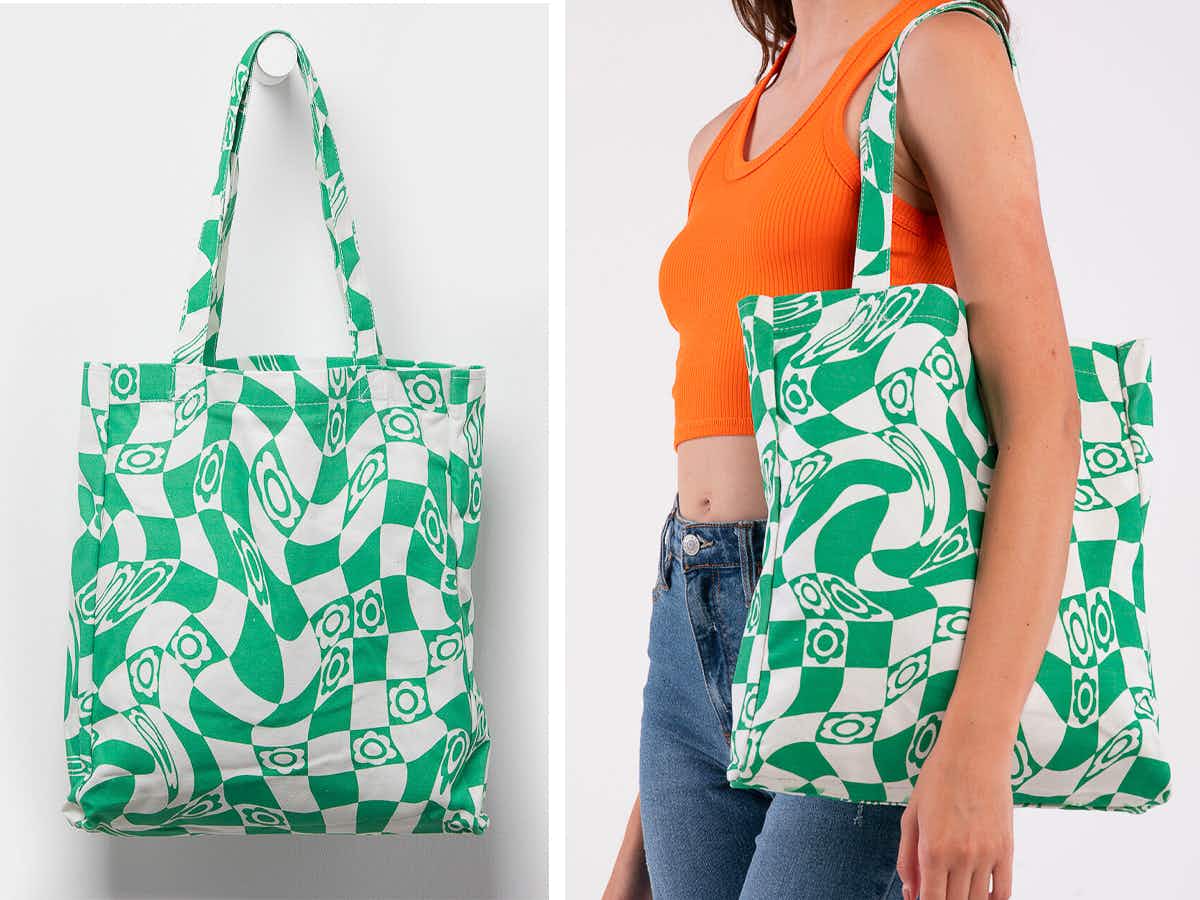 gifts for teens - A trippy warped pattern with flowers on a green and white tote bag