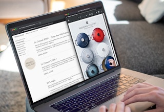 A person looking at the Le Creuset offers for the Williams Sonoma wedding registry on a laptop