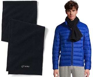 A Land's End scarf and a model wearing the same scarf with a blue coat