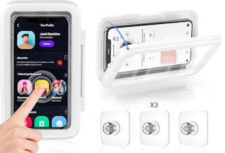 A person using a touch screen phone inside a waterproof case, the case open, and three adhesives