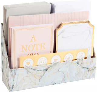 secret santa gifts - A stationary desk set in a marble patterned organizer