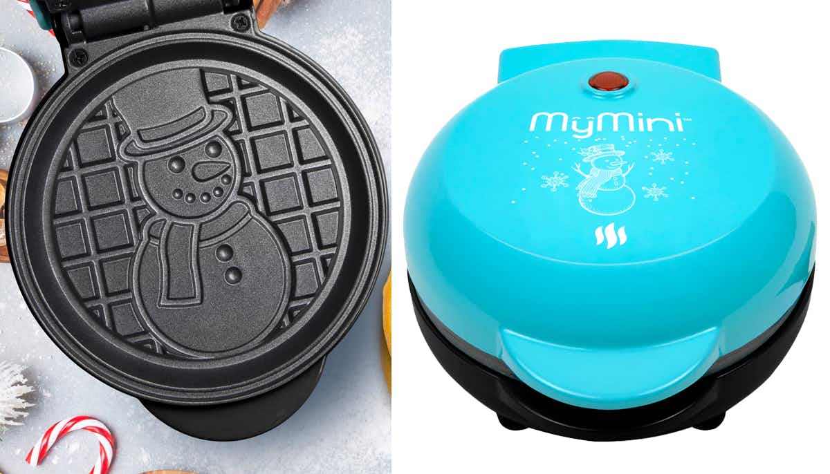 a My Mini snowman waffle maker showing the inside plate and the same product on a white background
