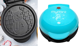 a My Mini snowman waffle maker showing the inside plate and the same product on a white background