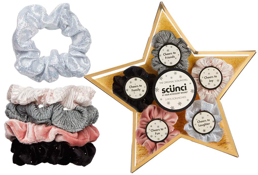 secret santa gifts - Some scrunchies next to a star-shaped gift box set