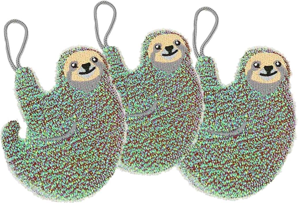 Three sloth shaped sponges on a white background